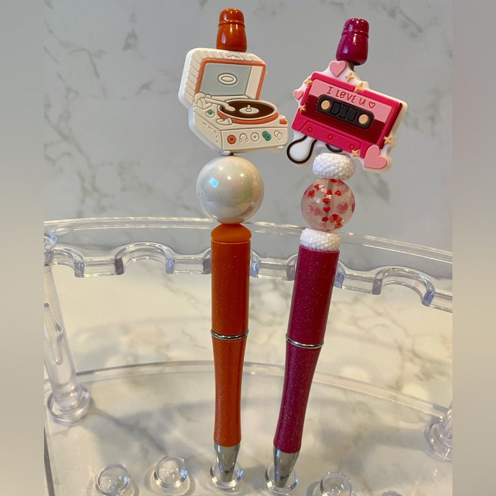 I Love Music Gift Beaded Pens Vinyl Record Cassette Mixtape Writing Stationary